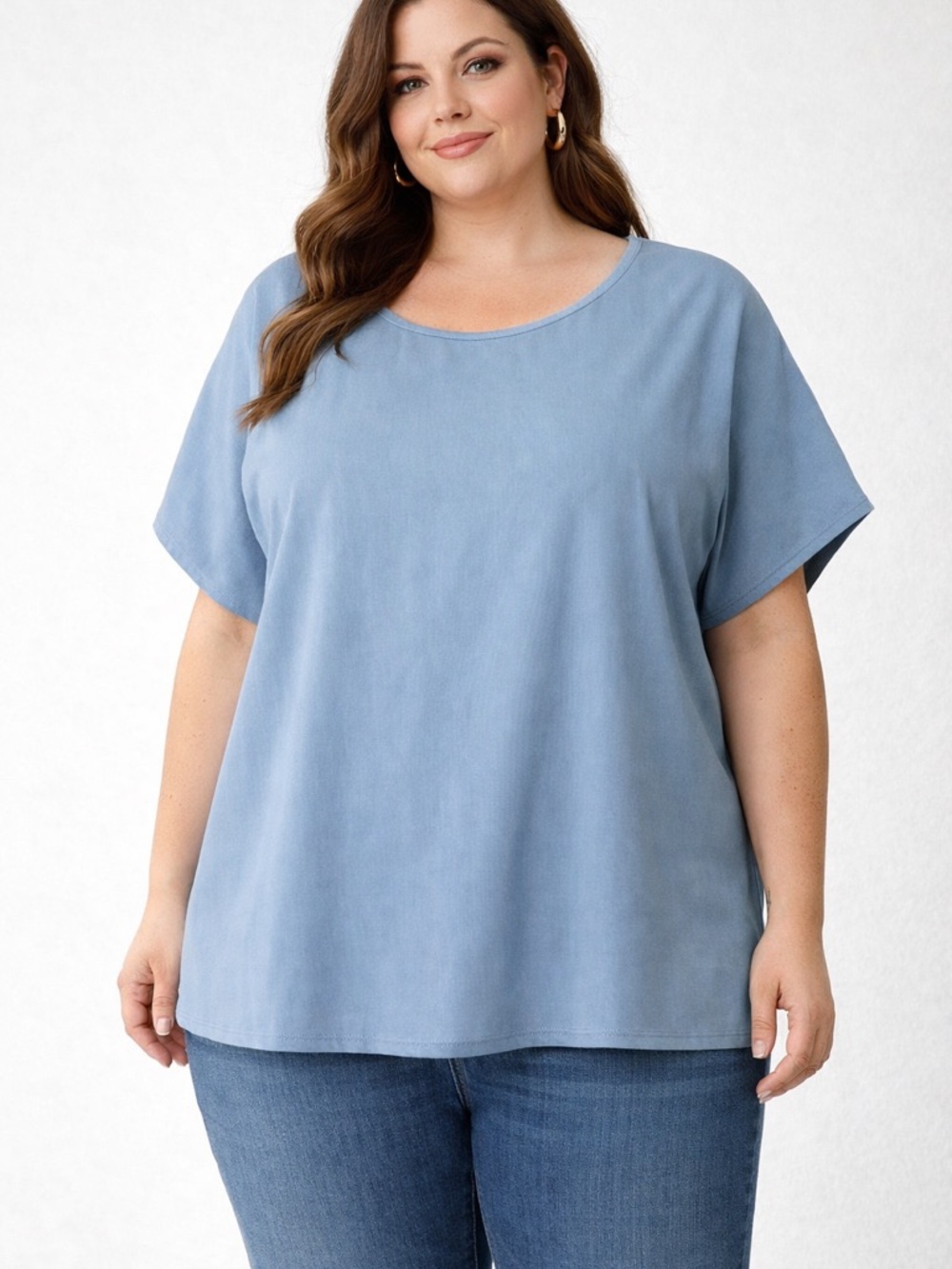 Womens Scoop Neck Short Sleeve Tee Light Blue Relaxed Fit Casual Everyday Top